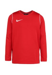 Rode sportieve longsleeve shirt gemaakt van gladde stof, met een wit Nike-logo op de borst en witte accenten op de schouders.
