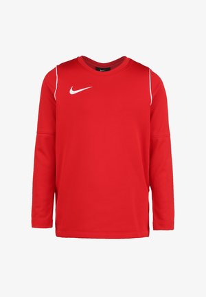 T-shirt de sport rouge à manches longues en tissu lisse, ornée d'un logo Nike blanc sur la poitrine et de lignes d'accentuation blanches sur les épaules.