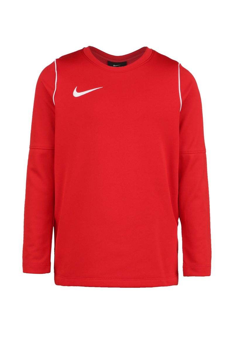 Rode sportieve longsleeve shirt gemaakt van gladde stof, met een wit Nike-logo op de borst en witte accenten op de schouders.
