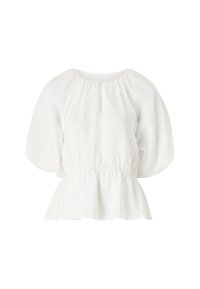 Blusa peplum blanca con escote redondo, mangas abullonadas y cintura fruncida. Fabricada en tejido ligero con un acabado texturizado.