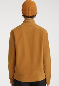 Oranger Fleece-Pullover mit hohem Kragen, weichem Material und gesticktem Logo auf der Rückseite. Strickmütze in Orange inklusive.
