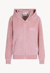 Roze rits hoodie gemaakt van zachte, pluizige stof. Beschikt over een voorzak, een capuchon met trekkoord en een geborduurd "BIZUU" logo op de borst.