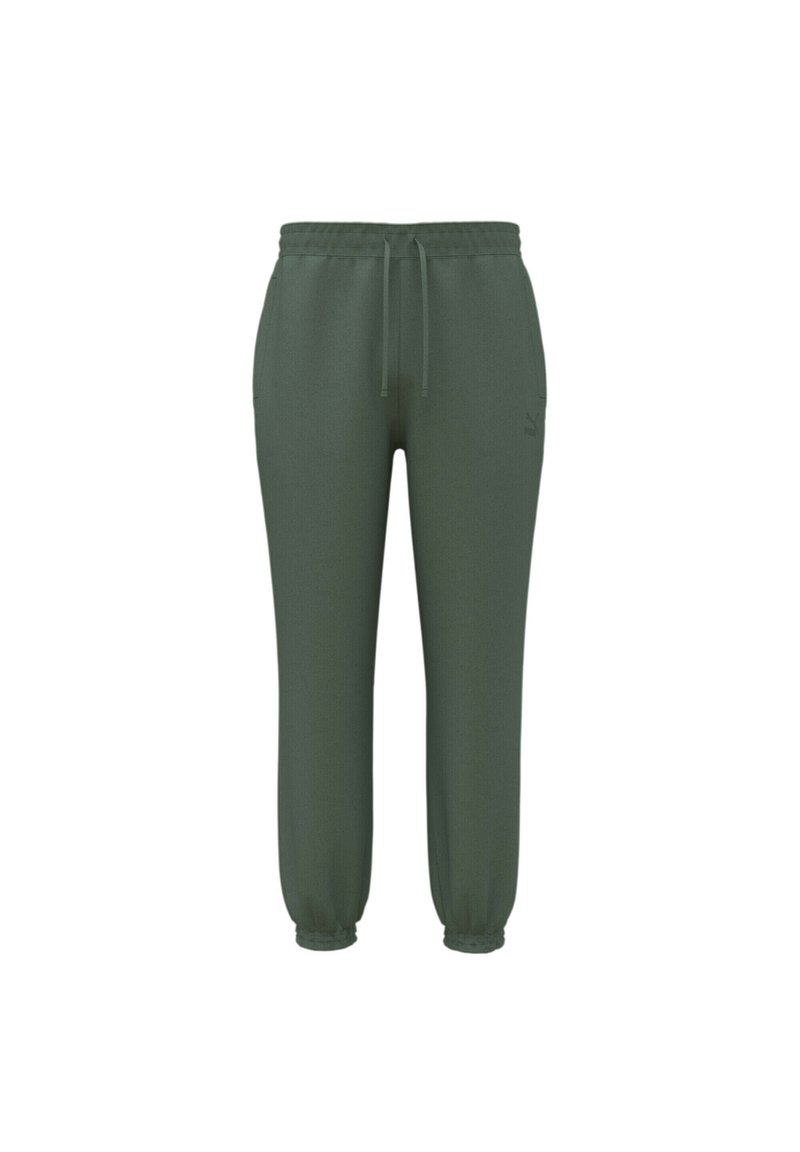 Olivenfarvede sweatpants med snøre i taljen, tilspidsede ben, sidelommer og et lille logo på venstre lår. Fremstillet af blødt stof.