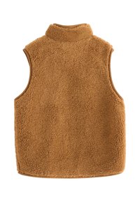 Brauner, ärmelloser Fleece-Weste mit hohem Kragen. Weiches, strukturiertes Material mit einem glatten Besatz an den Kanten. Keine Taschen oder zusätzlichen Details.