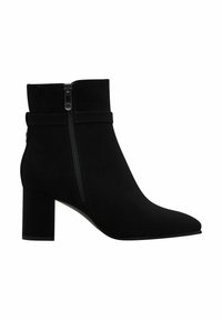 Bocanci scurți din suede negru, cu vârf ascuțit, fermoar lateral și toc bloc. Prezintă o textură moale și un design minimalist.