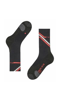 Ciemnoszare skarpetki z czerwono-białymi ukośnymi paskami. Wzmocniony obcas i palce, teksturowany wzór, z małym czerwonym "R" oznaczającym prawą stopę.