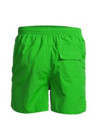 Groene zwemshorts met een elastische tailleband, zijzakken en een enkele achterzak, gemaakt van lichtgewicht, glad materiaal.