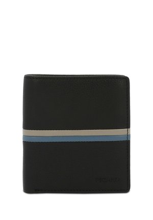 Cartera de cuero negro con una superficie texturizada y franjas horizontales en crema y azul claro, con la marca "PICARD" en la esquina inferior derecha.