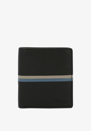 Cartera de cuero negro con una superficie texturizada y franjas horizontales en crema y azul claro, con la marca "PICARD" en la esquina inferior derecha.