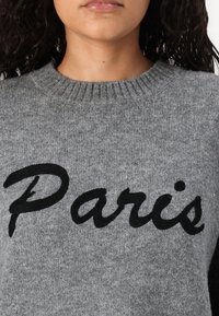 Prim-plan al unei persoane care poartă un pulover tricotat gri, cu cuvântul "Paris" tricotat cu litere mari negre, în stil cursiv, pe piept.