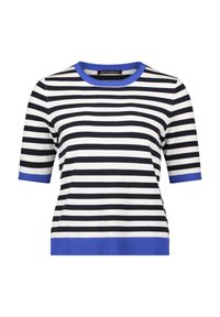 Haut en tricot rayé avec des rayures horizontales noires et blanches, col et poignets côtelés bleus, manches courtes et une silhouette ajustée.