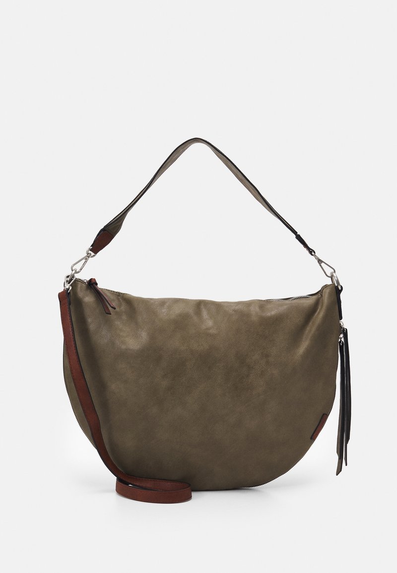 Olive green leather bag with a curved shape, featuring a brown accent strap and zip closure. Smooth texture with a tassel detail.