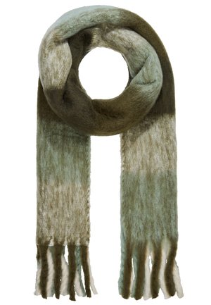 Écharpe douce en laine avec un dégradé vert, beige et marron atténués, extrémités frangées, bouclée en forme circulaire.