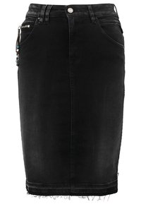 Svart denimpencilkjol med fransad nederkant, framficka med dragkedja och pärlprydnader, femficksdesign och knäppning i midjan.