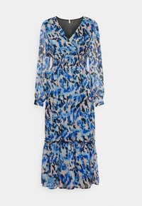 Pitkä mekko V-mallin kaula-aukolla, valmistettu kevyestä kankaasta, jossa on abstrakti sinisen ja persikan värinen kuvio, joustava vyötärö ja röyhelöhelma.