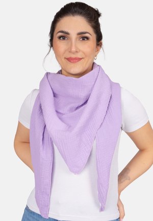 Lila Musselinschal mit strukturierter Oberfläche, dreieckige Form, um den Hals drapiert, mit leicht kontrastierendem Stich umrandet.