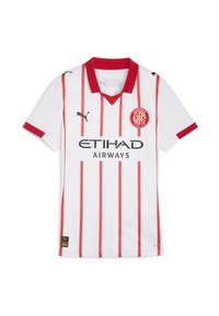 Witte voetbalshirt met rode verticale strepen, rode kraag en een embleem met een schild. Gemaakt van lichtgewicht, ademend materiaal.