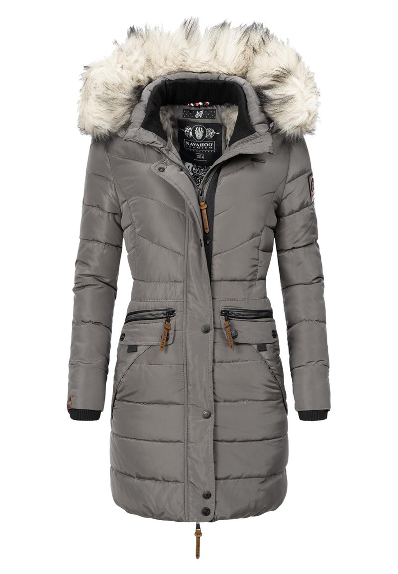 Gray padded jacket with a fur-lined hood, zip and snap closures, two front zip pockets, and ribbed cuffs. Features brown leather accents.