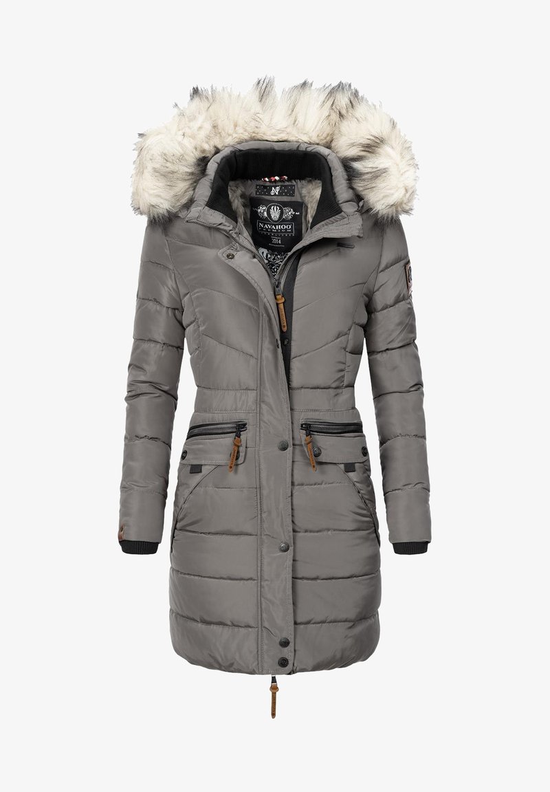 Giacca imbottita grigia con cappuccio foderato in pelliccia, chiusura con zip e bottoni a pressione, due tasche frontali con zip e polsini a costine. Presenta dettagli in pelle marrone.