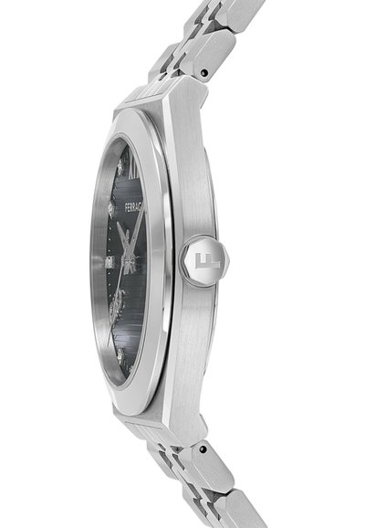 Silver stainless steel watch with a round case, black dial, textured hour markers, and a hexagonal crown. Link bracelet design.