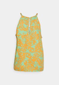 Uma blusa sem mangas com um fundo verde e um estampado de folhas laranjas. Apresenta um fecho de botão nas costas e um corte descontraído.