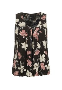 Top senza maniche floreale, sfondo nero con fiori rosa e bianchi, dettagli in pizzo sul collo, vestibilità ampia con orlo arricciato.