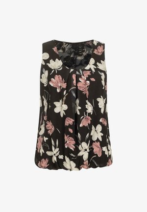 Lilleõiega ilma varrukateta pluus, must taust roosa ja valge lillemustriga, pitsist kaeluse detail, lõtv istuvus kokku korjatud hemiga.