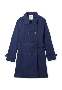 Trench coat blu navy realizzato in misto cotone, con bottoni doppi, vita con cintura e maniche con risvolto. Etichetta di taglia S visibile.
