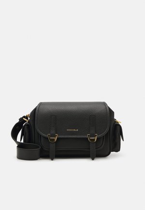 Black leather shoulder bag with a textured finish, gold-tone hardware, two buckle closures, and a detachable strap.