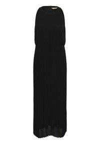 Robe longue noire sans manches avec un col rond haut et une jupe plissée, dotée d'une taille cintrée et d'une fermeture éclair au dos.