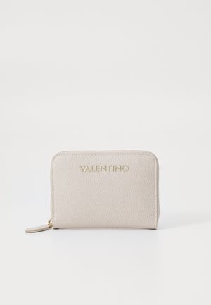 Valentino rahakott heledast beežist nahast tekstuuriga pinnaga, millel on kuldne riistvara ja tõmblukk. Logo on reljeefselt kullatud.