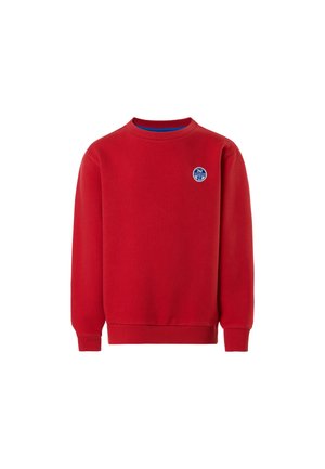 Sweat-shirt rouge à col rond avec manches longues et petit logo circulaire bleu sur la poitrine gauche portant l'inscription "N Northsails S."