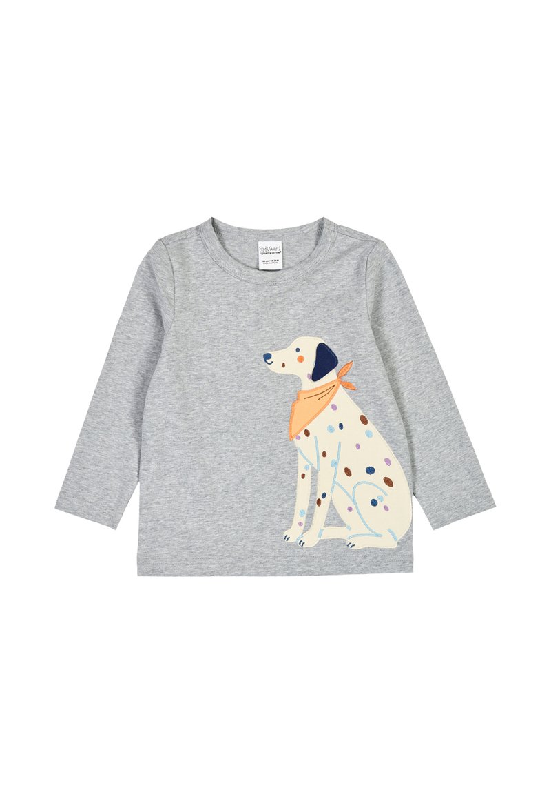 Graues Langarmshirt mit einer Hundegrafik, der einen gemusterten Schal trägt, sowie bunten Punkten in Blau, Braun und Lila.