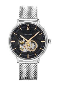 Montre automatique avec un cadran noir, accents en squelette argentés, index heures dorés et un bracelet en maille argentée. Présente un design mécanique complexe.