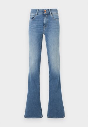 Blå high-waist denimjeans med let falmet effekt på lårene og brede, udvidede ben, med frontlommer og dobbelt knaplukning.