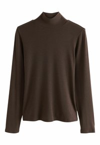 Brown ribbed turtleneck top with long sleeves, featuring a fitted neck and relaxed body, crafted from soft, textured fabric.