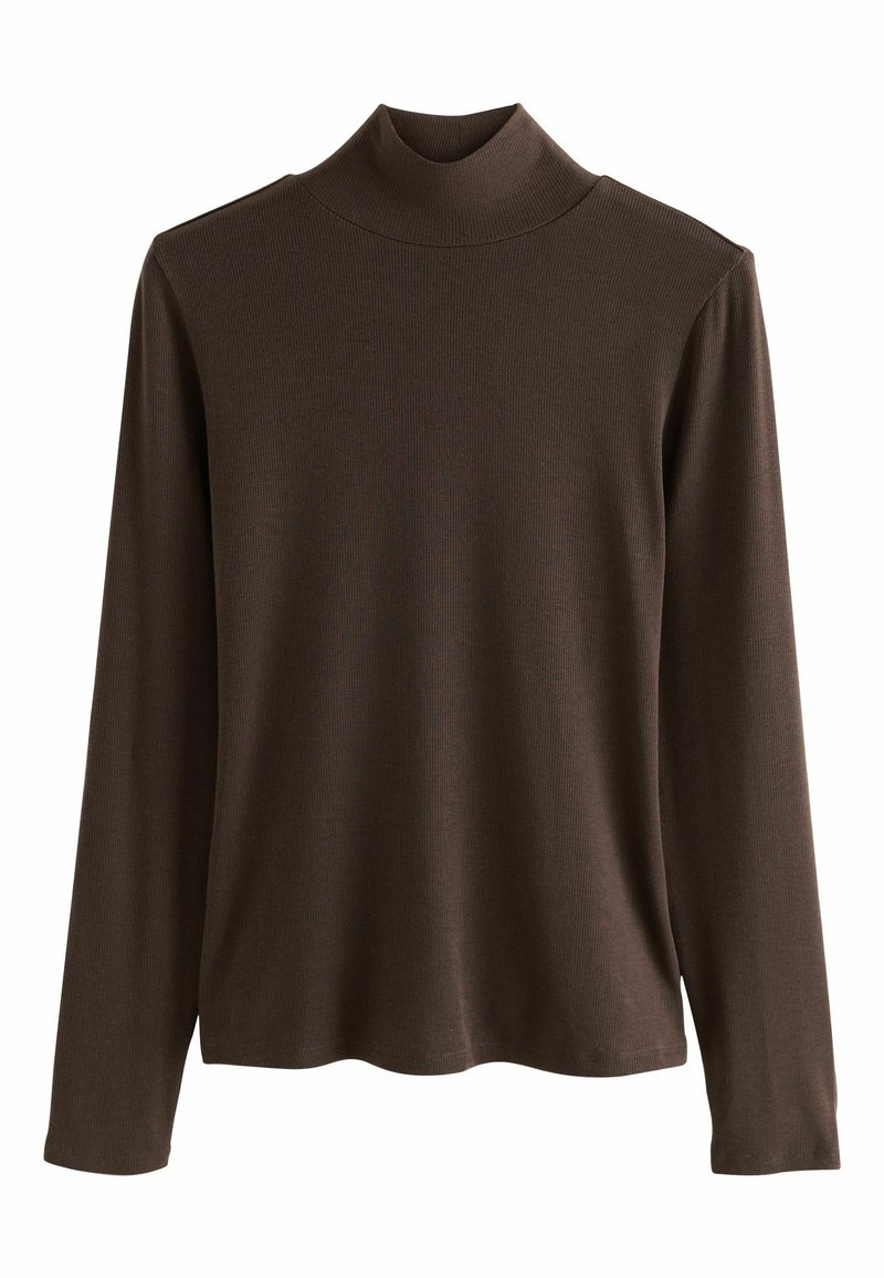 Brown ribbed turtleneck top with long sleeves, featuring a fitted neck and relaxed body, crafted from soft, textured fabric.