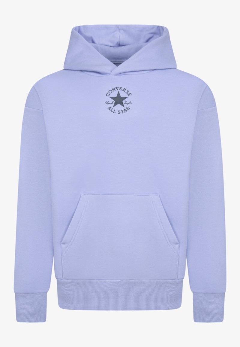 Világos levendulaszínű kapucnis pulóver puha öltönyanyagból. Előlapján zseb, bordázott mandzsetták és egy kör alakú logó középen csillaggal.