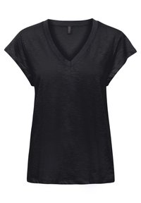 Svart kortärmad T-shirt med V-ringning, tillverkad av ett mjukt och lätt material med avslappnad passform och en mjuk yta. Inga synliga mönster eller detaljer.