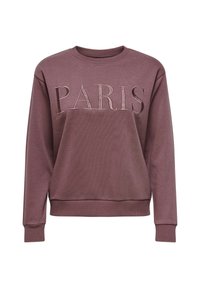 Fialový sweatshirt s žebrovaným výstřihem a manžetami, s výrazným embosovaným nápisem "PARIS" na přední straně. Měkká textilie.