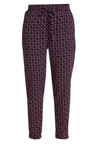 Černé kalhoty s geometrickým vzorem růžových a bílých tvarů. Elastický pas se šňůrkou, zúžené nohavice a hladká textura.