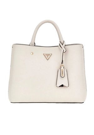 Roomkleurige gestructureerde handtas met dubbele handvatten, goudkleurig logoplaatje en aangehecht leren merketiket.