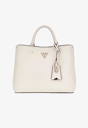 Sac à main structuré de couleur crème avec double poignée, plaque logo en ton or et étiquette en cuir de marque attachée.