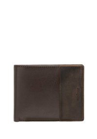 Portefeuille en cuir marron avec une finition lisse, une texture contrastante et un logo embossé. Forme rectangulaire compacte avec des bords soigneusement cousus.