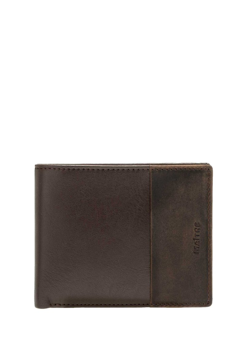 Portefeuille en cuir marron avec une finition lisse, une texture contrastante et un logo embossé. Forme rectangulaire compacte avec des bords soigneusement cousus.