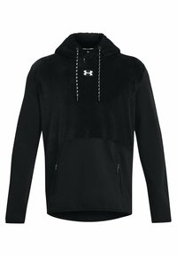 Felpa nera a maniche lunghe di Under Armour con cappuccio regolabile, parte superiore in felpa, logo sul petto e tasche frontali con cerniera.