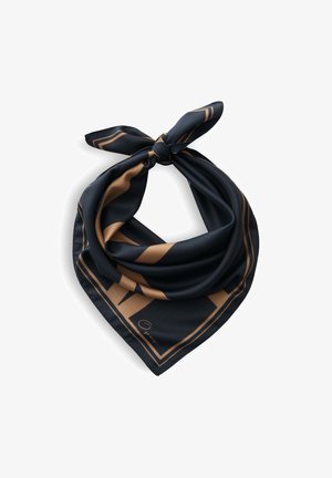 Écharpe en soie noire et marron avec des motifs géométriques nouée en un nœud, présentée sur fond blanc.