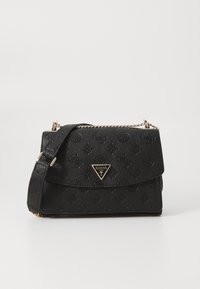 Schwarze Handtasche aus Kunstleder mit strukturierter Oberfläche, goldenen Beschlägen und einem Logo-Dreieck-Detail. Verfügt über einen Kettenriemen und einen Klappenverschluss.