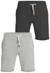 Shorts en mélange de coton noir et gris, dotés d'une taille élastique avec cordon de serrage et d'un ourlet cousu. Design décontracté avec poches latérales.