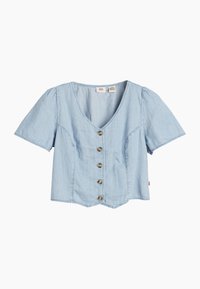 Lichtblauw denim blouse met korte mouwen en een V-hals, voorzien van vijf knopen aan de voorkant en subtiel puffy mouwen. Gekromde onderkant.